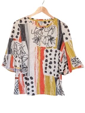 MULTIPLES Artistic Abstract Print Ruffle Sleeve Top S Flowy Artsy Casual